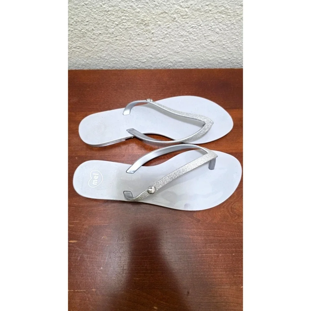 Melissa Women's Silver Glitter Strap Thong Flip Flops Sandals Size 6‎